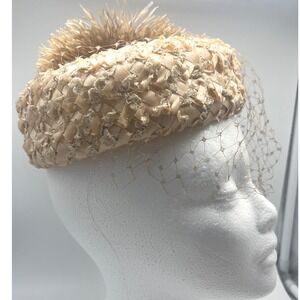 Vintage Cellophane Straw Jean Sutton Pill box Hat Spiky poof on top READ